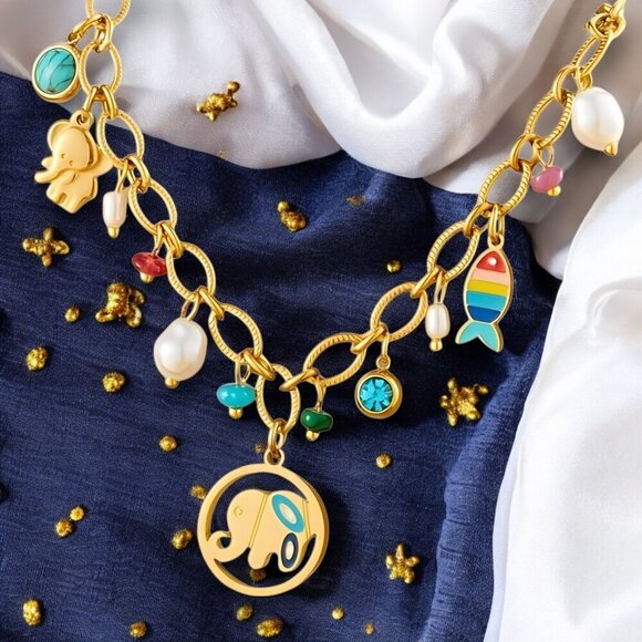 🆕18K Gold Plated Colorful Elephant Turquoise Fish Pearl Charm Necklace + Gift🎁 - Picture 1 of 15